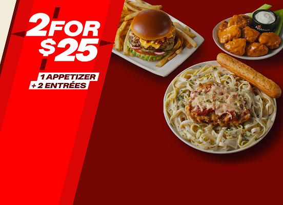Image of Applebee's® 2 for $25 with 3 New Entrees - Order Today! | Limited time. Price, participation and selection may vary. Tax and gratuity excluded. © 2025 Applebee's Restaurants LLC