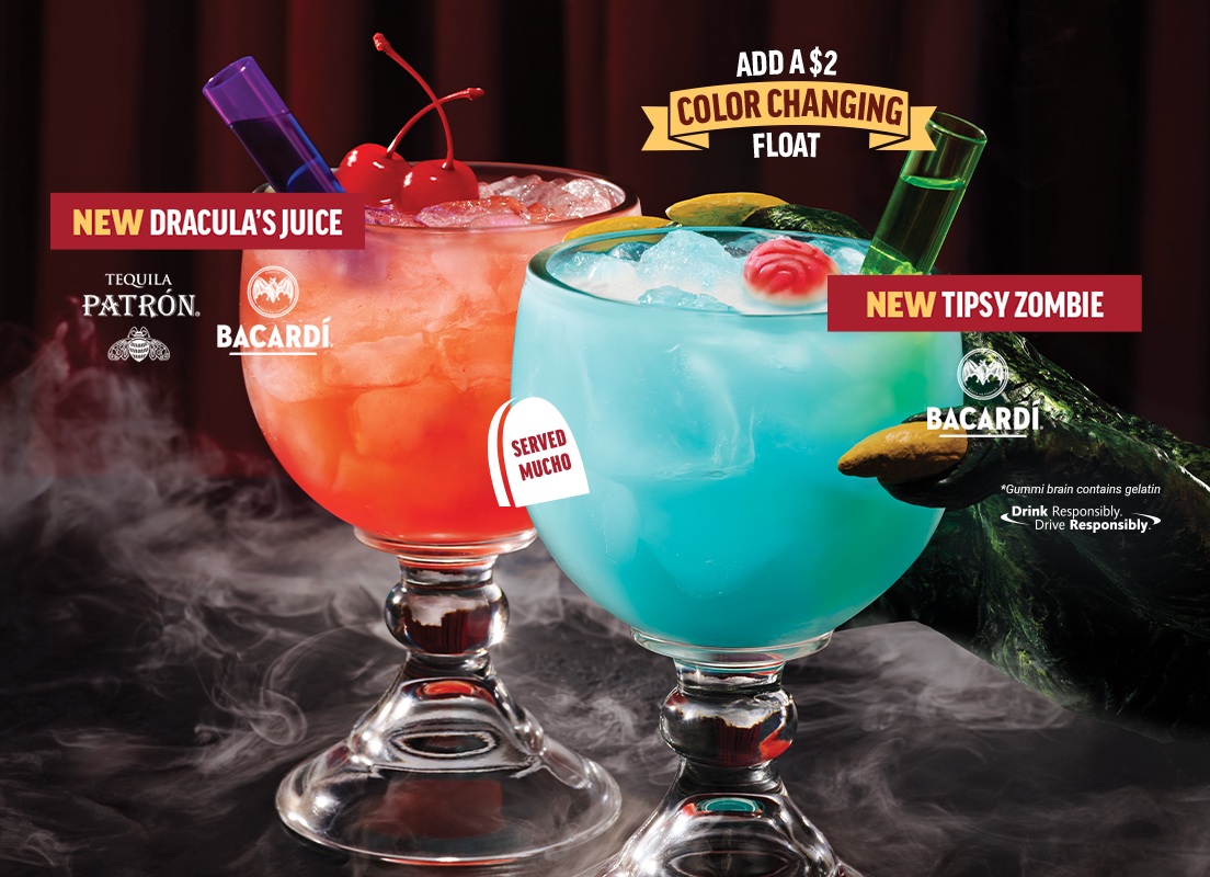 Image of Applebee's Halloween Cocktails - $6 Spooky Sips & $2 Vibe Drops | Must be 21+. Void where prohibited. Tax & gratuity excluded. Dine-in only. Participation may vary. While supplies last. ©2025 Applebee’s Restaurants LLC.